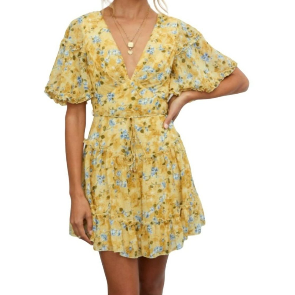 Saints + Secrets Floral Flutter Sleeve Open Back Mini Dress Yellow Size Small NW